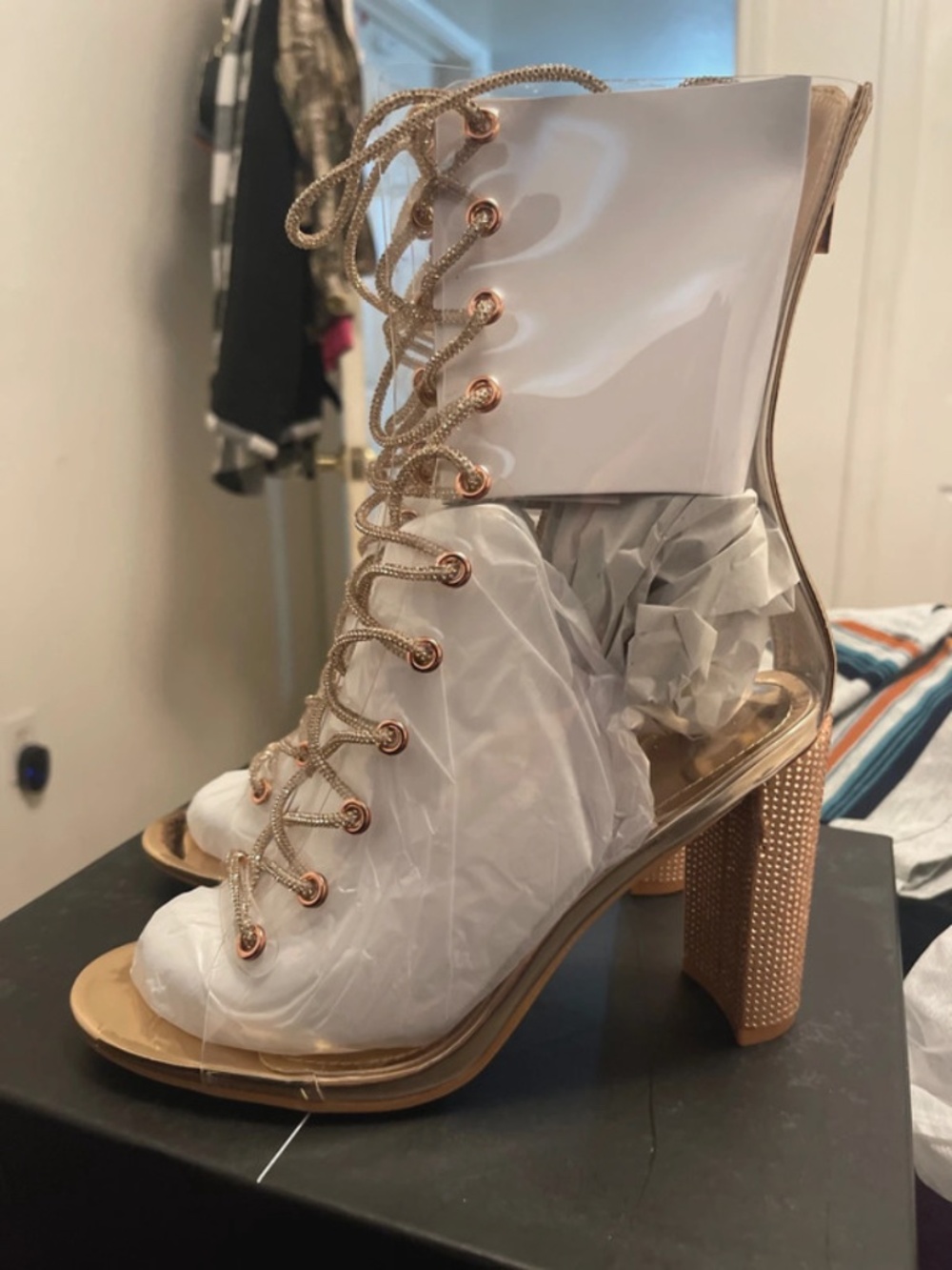Clear/rose gold bling heeled lace up boots
